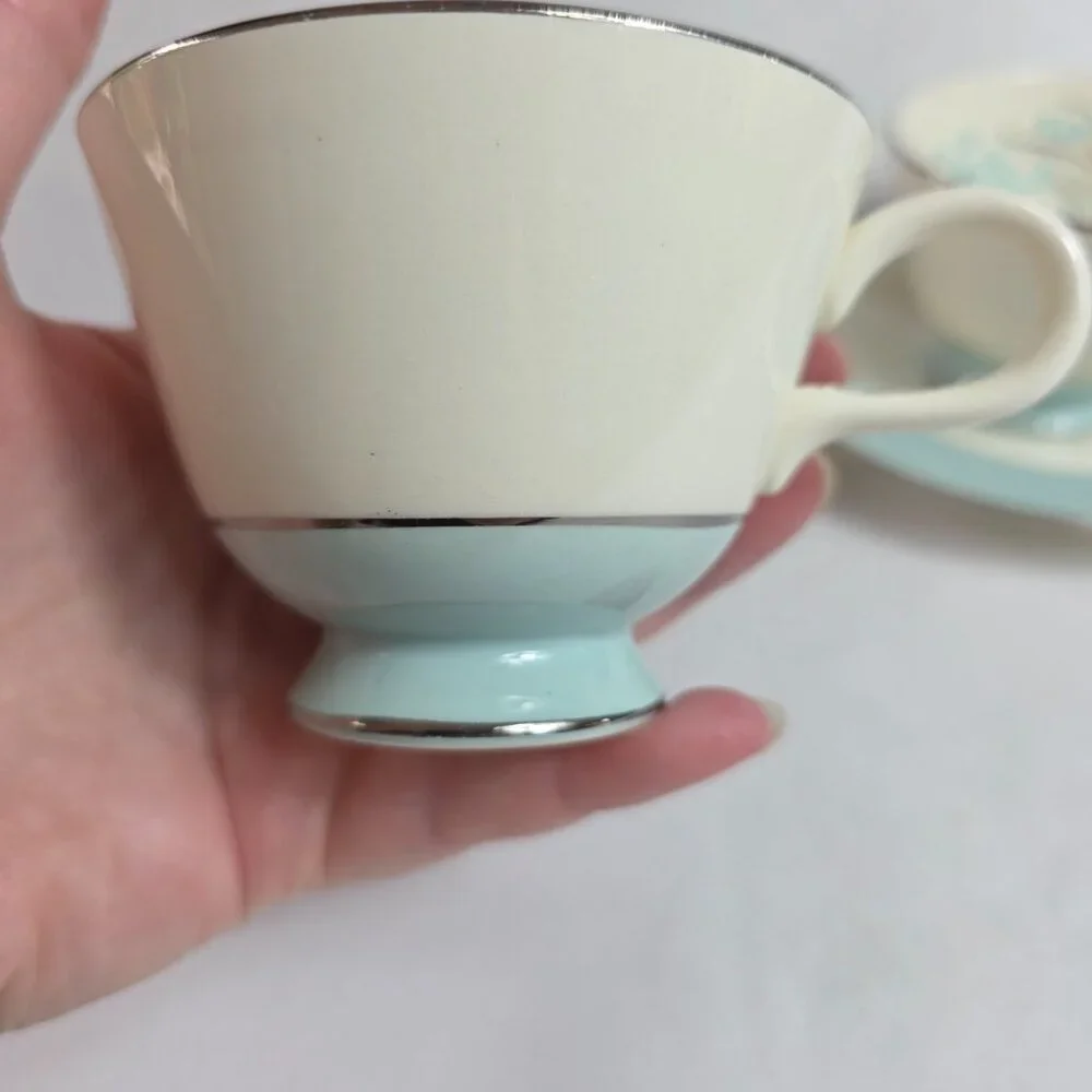 Sevron Blue Lace Gravy Cup & Saucer Sets Floral Center Aqua Blue Border